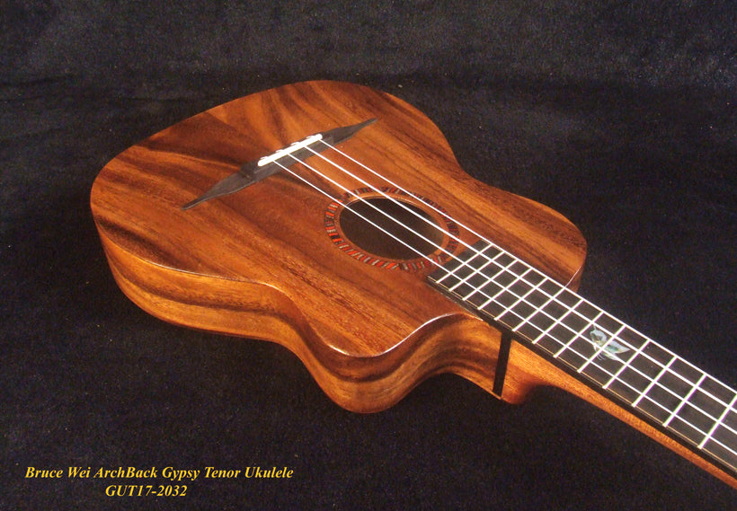 Handcrafted Gypsy Tenor Ukulele Solid Acacia Archback, Cat & Butterfly Inlay, Soft-bag, Bruce Wei GUT17-2032
