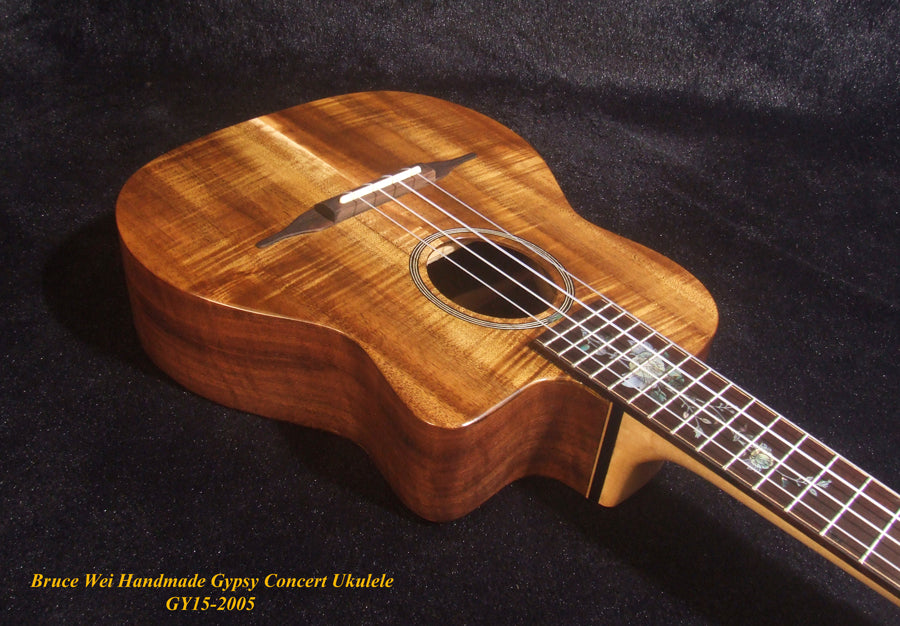 Handcrafted Gypsy Concert Ukulele, Solid Curly Acacia, Bocote, Floral Inlay, Soft-bag, Bruce Wei GY15-2005