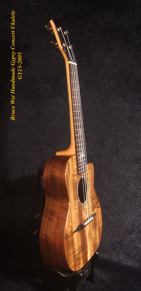 Handcrafted Gypsy Concert Ukulele, Solid Curly Acacia, Bocote, Floral Inlay, Soft-bag, Bruce Wei GY15-2005