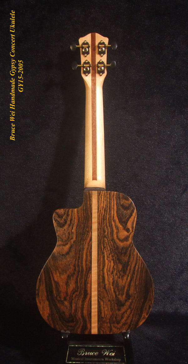 Handcrafted Gypsy Concert Ukulele, Solid Curly Acacia, Bocote, Floral Inlay, Soft-bag, Bruce Wei GY15-2005