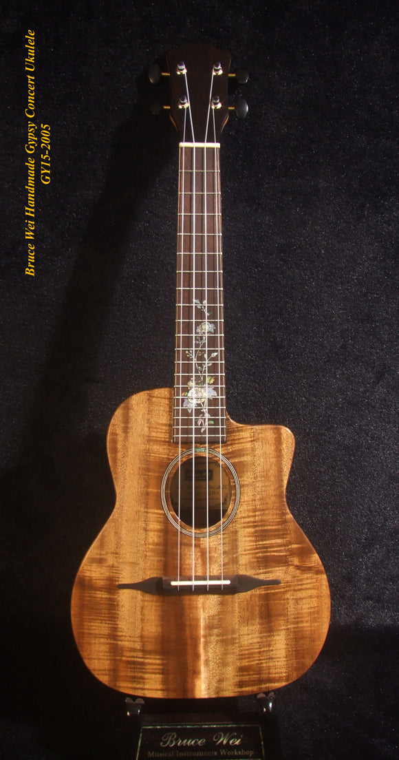 Handcrafted Gypsy Concert Ukulele, Solid Curly Acacia, Bocote, Floral Inlay, Soft-bag, Bruce Wei GY15-2005