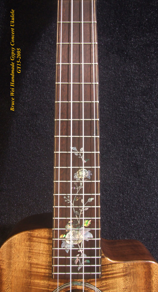 Handcrafted Gypsy Concert Ukulele, Solid Curly Acacia, Bocote, Floral Inlay, Soft-bag, Bruce Wei GY15-2005