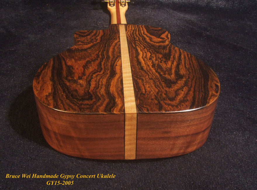 Handcrafted Gypsy Concert Ukulele, Solid Curly Acacia, Bocote, Floral Inlay, Soft-bag, Bruce Wei GY15-2005