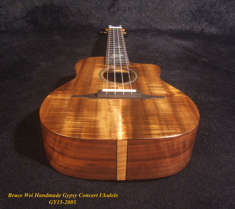 Handcrafted Gypsy Concert Ukulele, Solid Curly Acacia, Bocote, Floral Inlay, Soft-bag, Bruce Wei GY15-2005