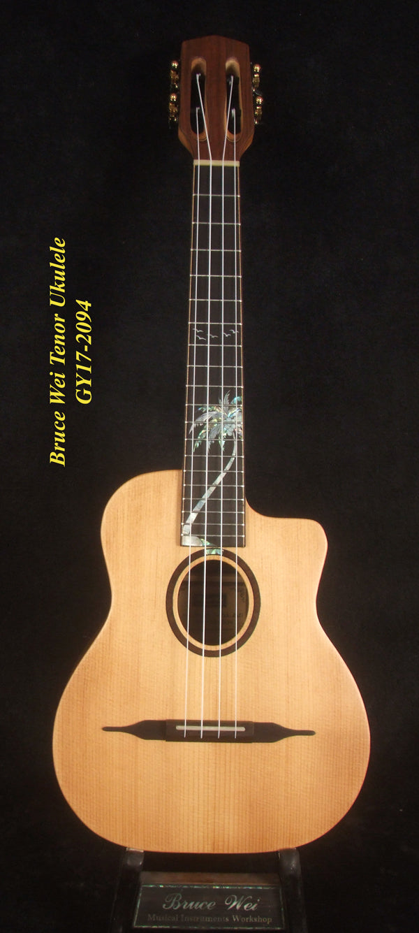 Handmade Tenor Ukulele, Solid Indian Rosewood Gypsy, MOP Inlay, Soft-bag, Bruce Wei GY17-2094