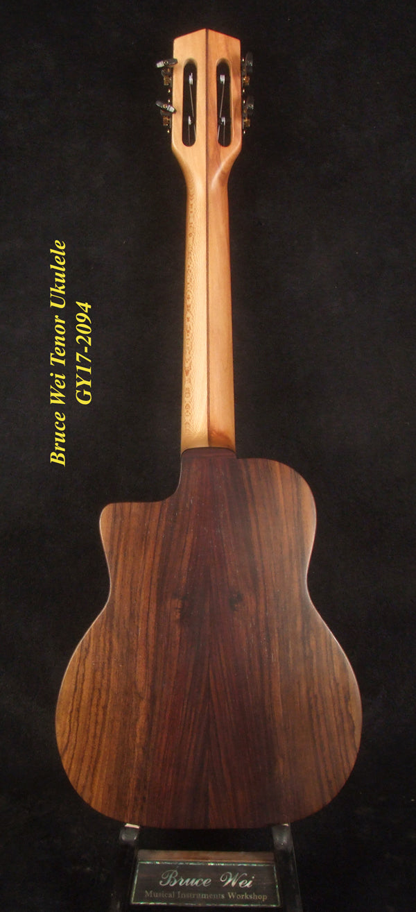 Handmade Tenor Ukulele, Solid Indian Rosewood Gypsy, MOP Inlay, Soft-bag, Bruce Wei GY17-2094