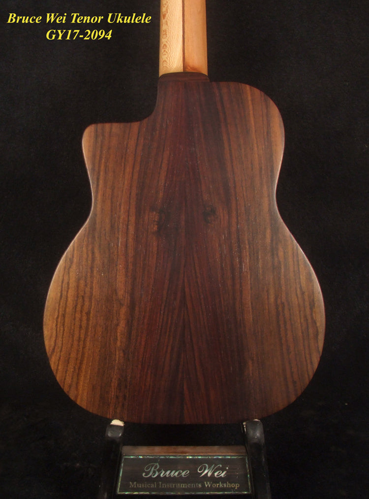 Handmade Tenor Ukulele, Solid Indian Rosewood Gypsy, MOP Inlay, Soft-bag, Bruce Wei GY17-2094