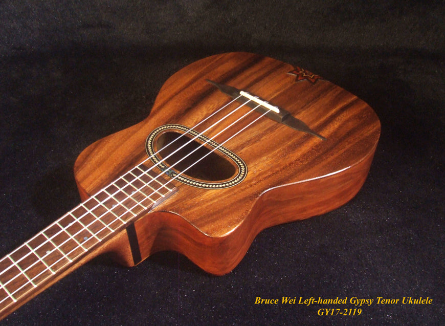 Handcrafted Left-hand Gypsy Tenor Ukulele Solid Acacia, Archback, Abalone Inlay, Soft-bag, Bruce Wei GY17-2119