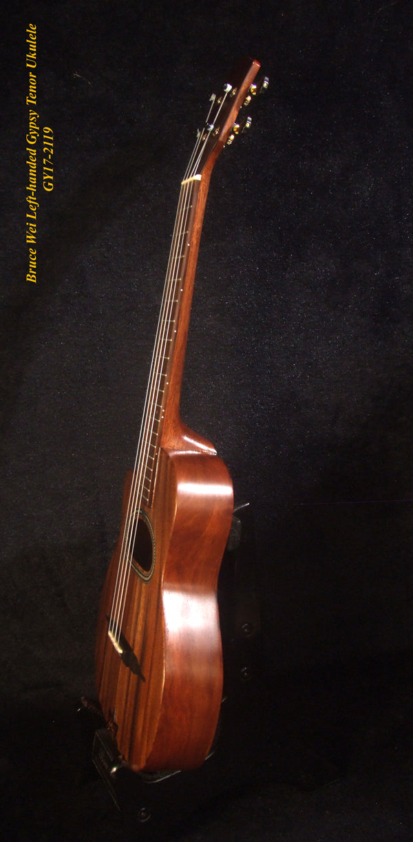 Handcrafted Left-hand Gypsy Tenor Ukulele Solid Acacia, Archback, Abalone Inlay, Soft-bag, Bruce Wei GY17-2119