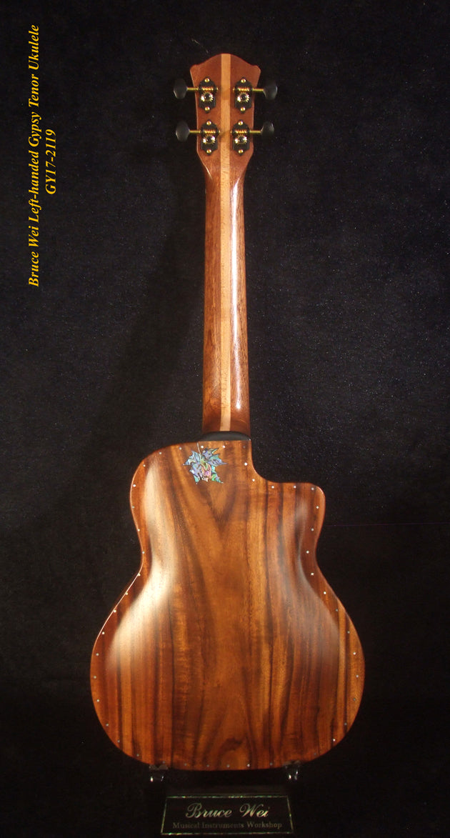 Handcrafted Left-hand Gypsy Tenor Ukulele Solid Acacia, Archback, Abalone Inlay, Soft-bag, Bruce Wei GY17-2119