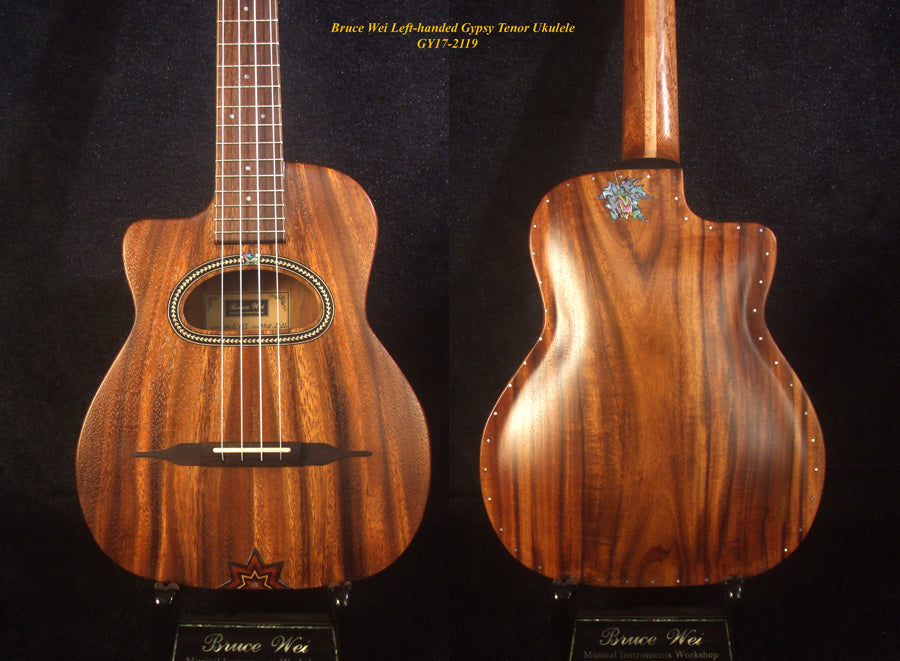 Handcrafted Left-hand Gypsy Tenor Ukulele Solid Acacia, Archback, Abalone Inlay, Soft-bag, Bruce Wei GY17-2119