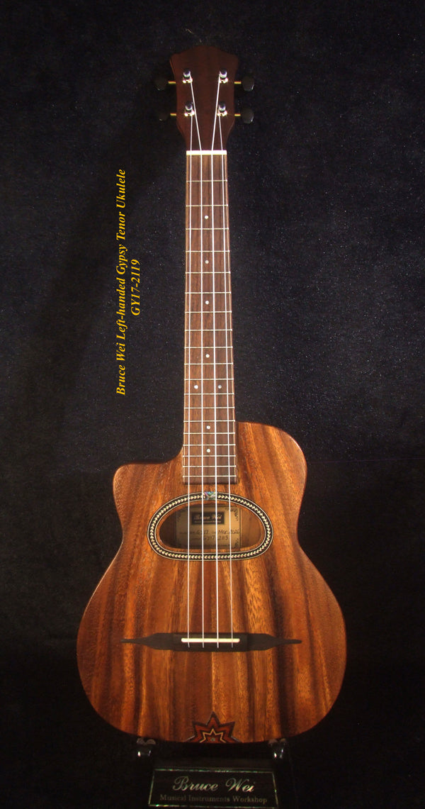 Handcrafted Left-hand Gypsy Tenor Ukulele Solid Acacia, Archback, Abalone Inlay, Soft-bag, Bruce Wei GY17-2119