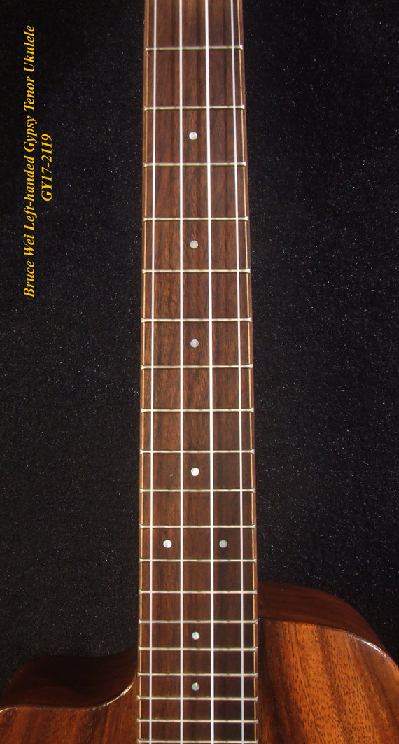 Handcrafted Left-hand Gypsy Tenor Ukulele Solid Acacia, Archback, Abalone Inlay, Soft-bag, Bruce Wei GY17-2119