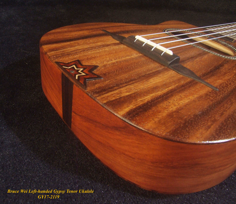 Handcrafted Left-hand Gypsy Tenor Ukulele Solid Acacia, Archback, Abalone Inlay, Soft-bag, Bruce Wei GY17-2119