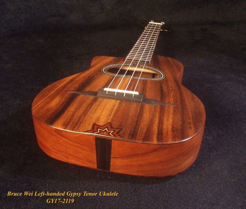 Handcrafted Left-hand Gypsy Tenor Ukulele Solid Acacia, Archback, Abalone Inlay, Soft-bag, Bruce Wei GY17-2119