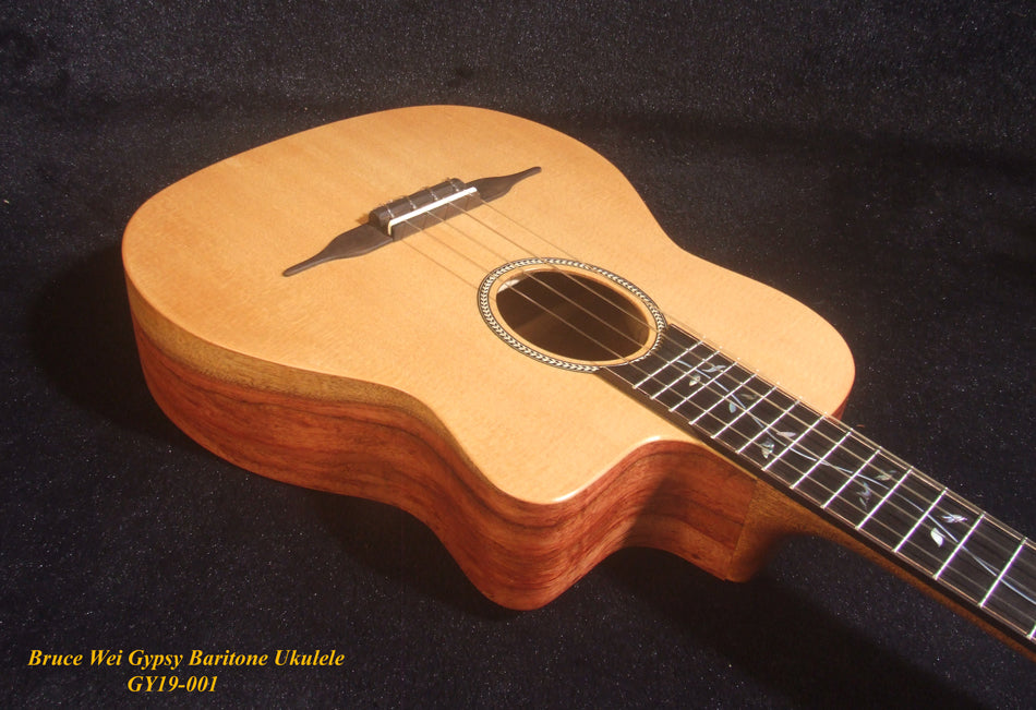 Handmade Gypsy Baritone Ukulele, Solid Spruce & Rosewood Vine Inlay, Soft-bag, Bruce Wei GY19-001