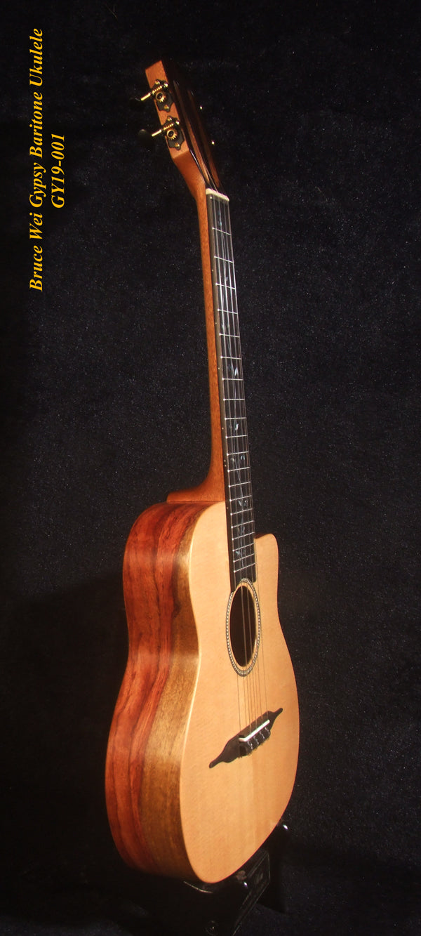 Handmade Gypsy Baritone Ukulele, Solid Spruce & Rosewood Vine Inlay, Soft-bag, Bruce Wei GY19-001