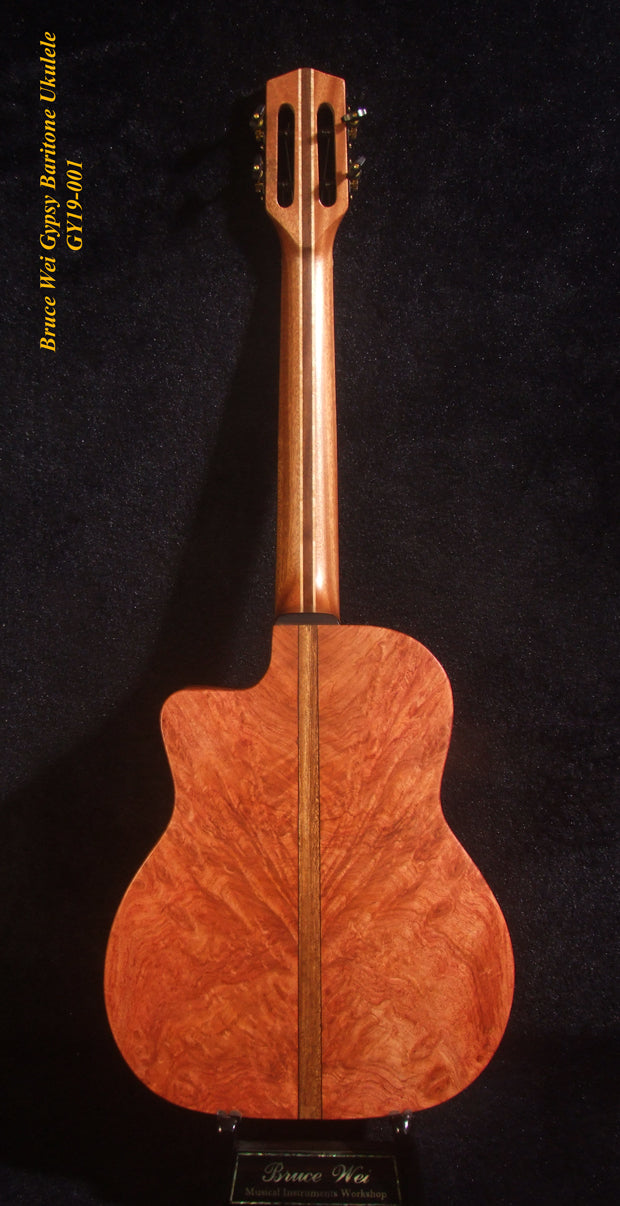 Handmade Gypsy Baritone Ukulele, Solid Spruce & Rosewood Vine Inlay, Soft-bag, Bruce Wei GY19-001