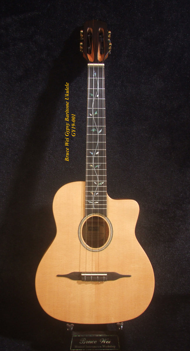 Handmade Gypsy Baritone Ukulele, Solid Spruce & Rosewood Vine Inlay, Soft-bag, Bruce Wei GY19-001