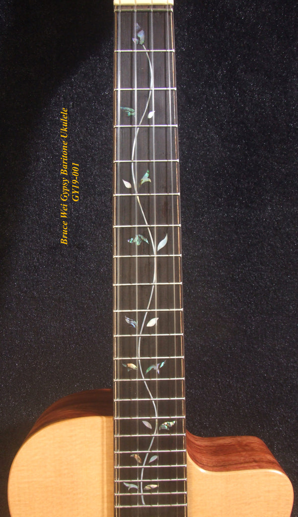 Handmade Gypsy Baritone Ukulele, Solid Spruce & Rosewood Vine Inlay, Soft-bag, Bruce Wei GY19-001