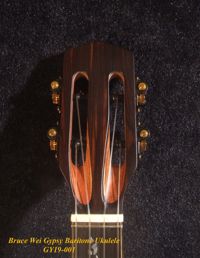 Handmade Gypsy Baritone Ukulele, Solid Spruce & Rosewood Vine Inlay, Soft-bag, Bruce Wei GY19-001