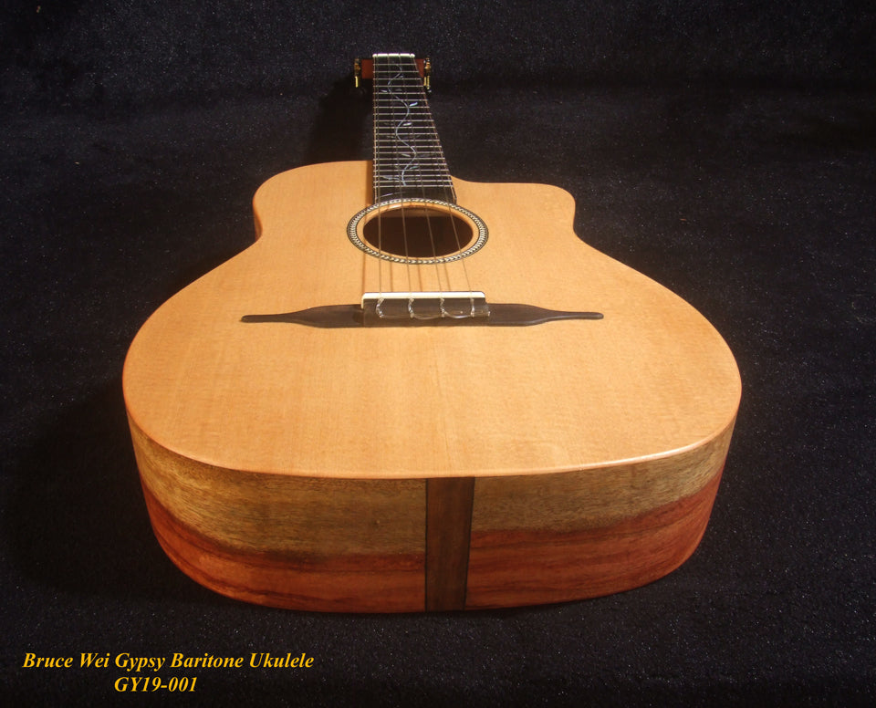 Handmade Gypsy Baritone Ukulele, Solid Spruce & Rosewood Vine Inlay, Soft-bag, Bruce Wei GY19-001