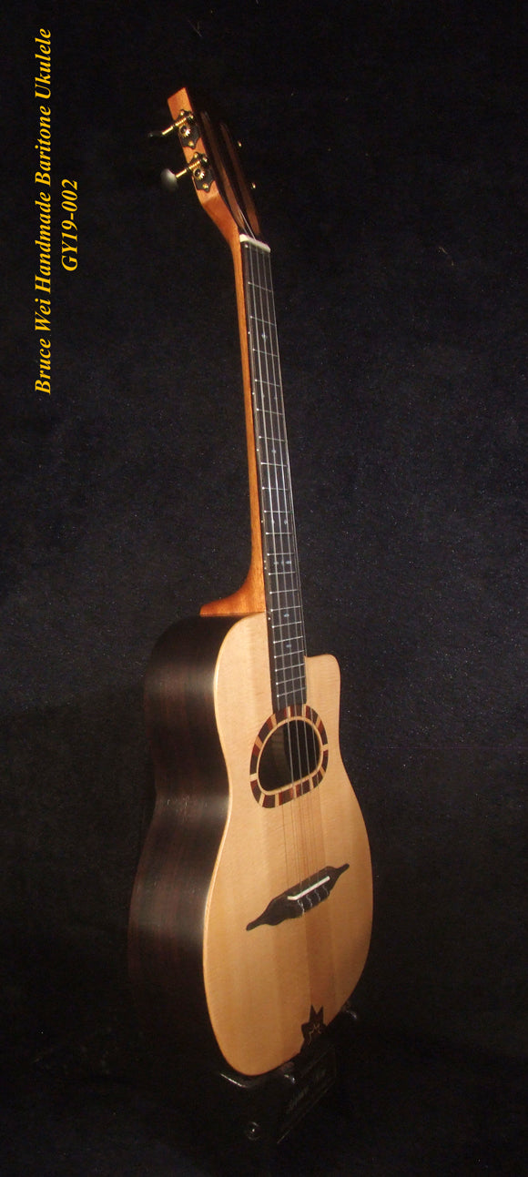 Handmade Gypsy Baritone Ukulele, Solid Spruce & Indian Rosewood, Slotted Head, Soft-bag, Bruce Wei GY19-002