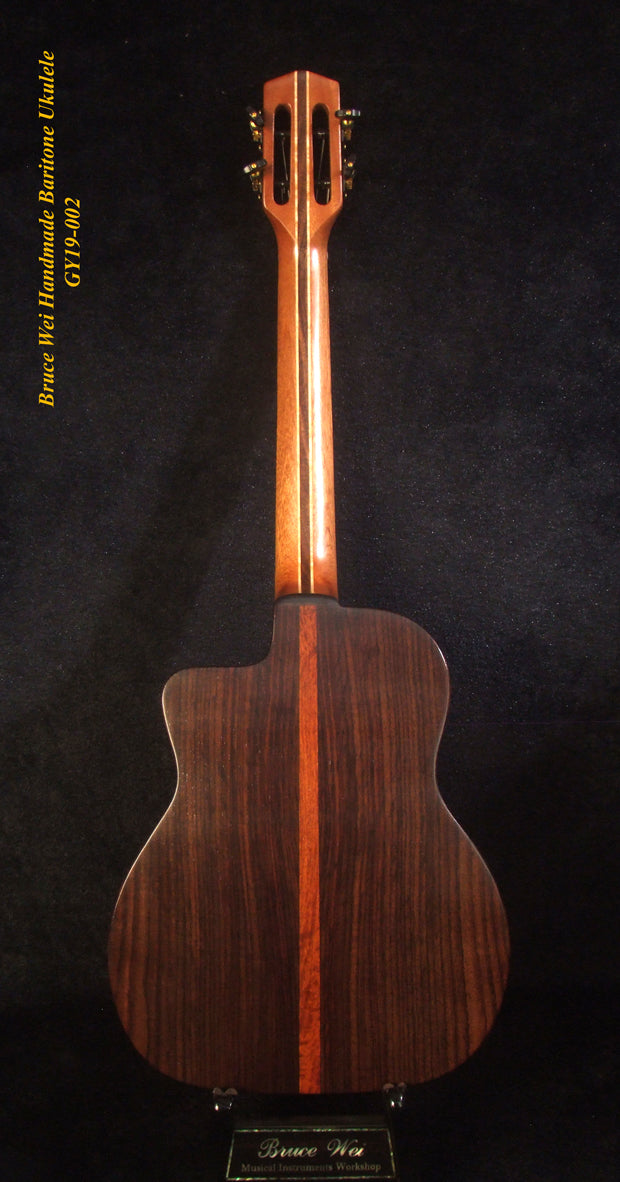 Handmade Gypsy Baritone Ukulele, Solid Spruce & Indian Rosewood, Slotted Head, Soft-bag, Bruce Wei GY19-002