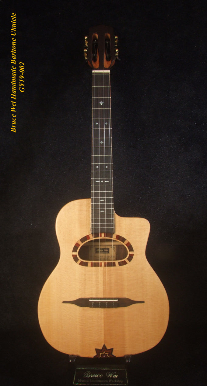 Handmade Gypsy Baritone Ukulele, Solid Spruce & Indian Rosewood, Slotted Head, Soft-bag, Bruce Wei GY19-002