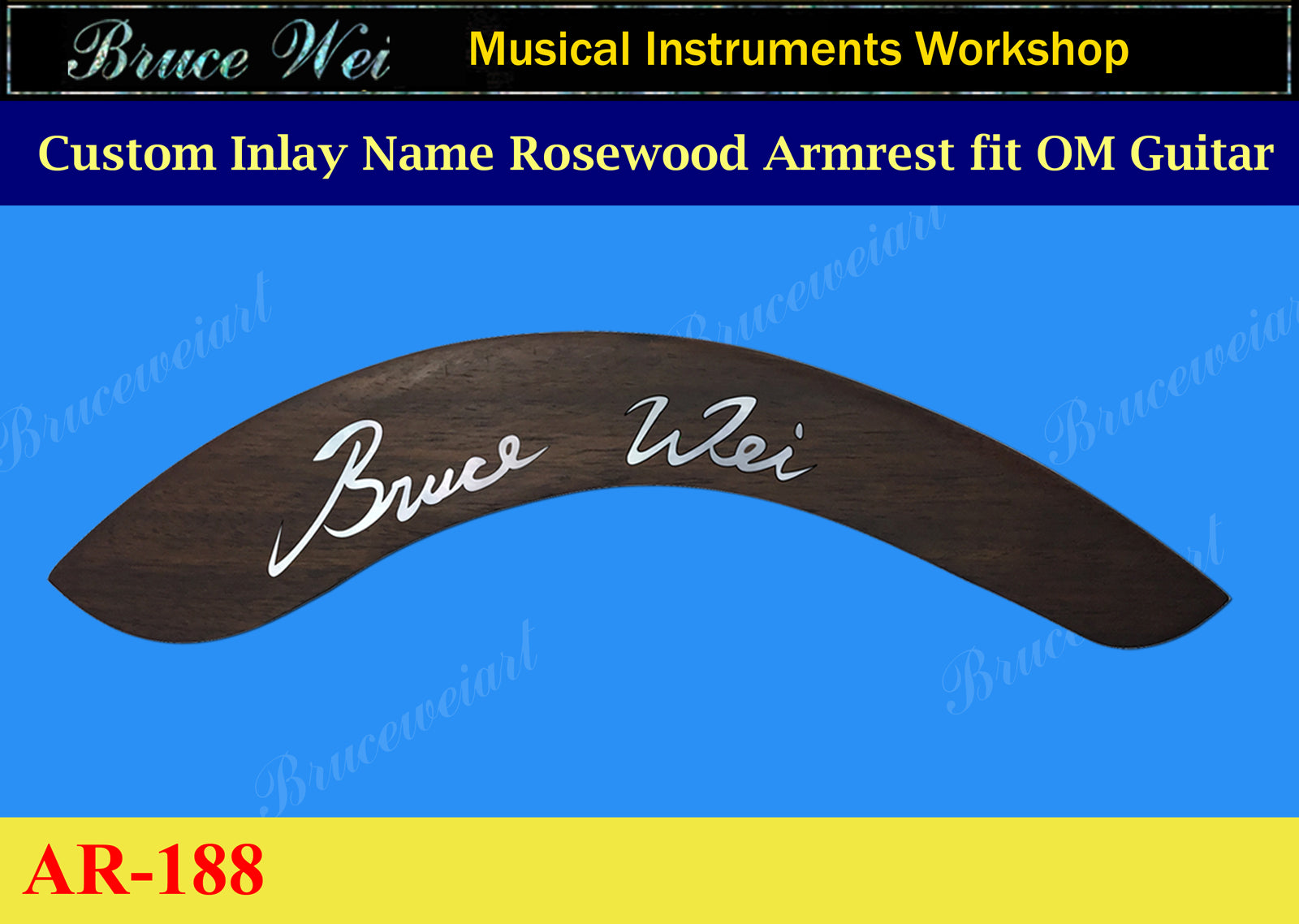 Fit OM Guitar, CUSTOM Inlay Your Name on Rosewood Armrest w/Mother of pearl Inlay, Bruce Wei (188)