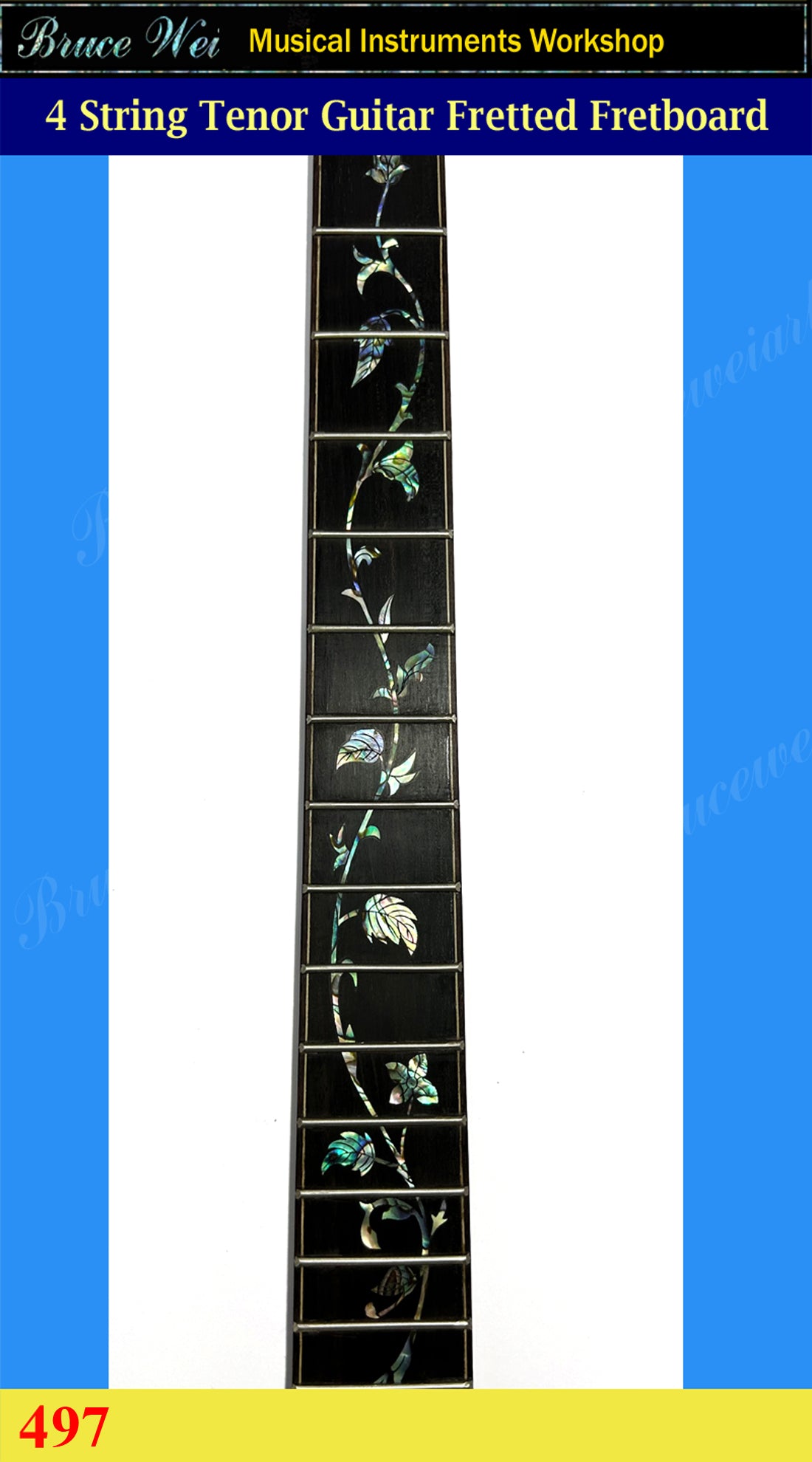 Tenor Guitar 4 string, 23" Macassar Ebony Fretted Fretboard, CowBoy Inlay w/ Mother of pearl & Abalone, Bruce Wei (497)