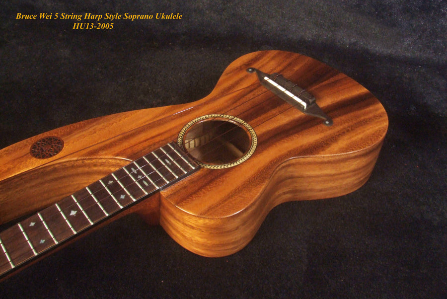 Handmade Harp Style Left-handed 5 String Soprano Ukulele, Solid Acacia, MOP Inlay, Bruce Wei HU13-2005