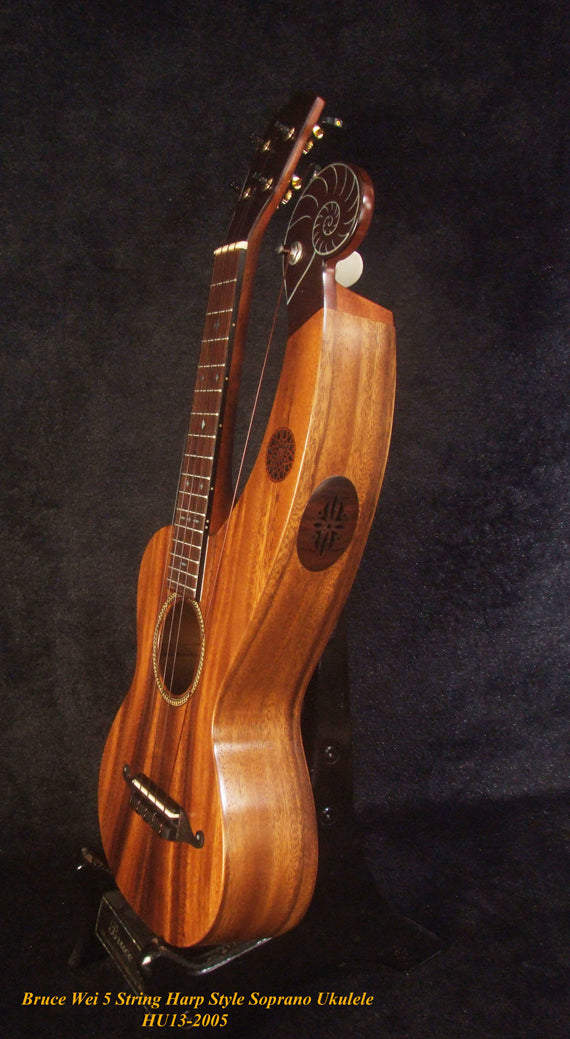 Handmade Harp Style Left-handed 5 String Soprano Ukulele, Solid Acacia, MOP Inlay, Bruce Wei HU13-2005