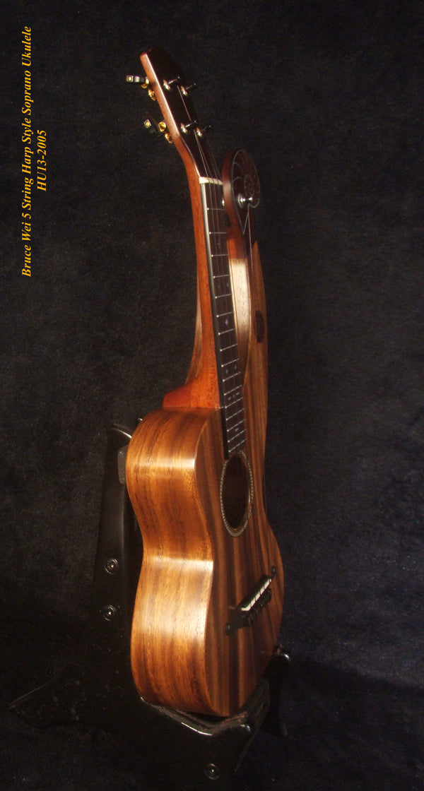 Handmade Harp Style Left-handed 5 String Soprano Ukulele, Solid Acacia, MOP Inlay, Bruce Wei HU13-2005