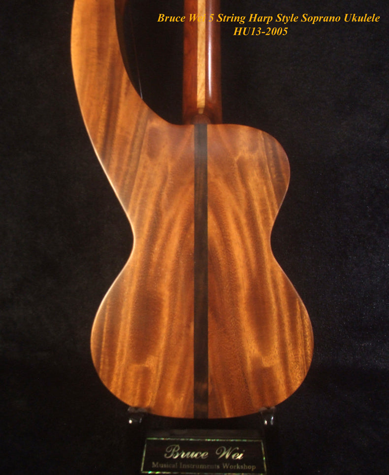 Handmade Harp Style Left-handed 5 String Soprano Ukulele, Solid Acacia, MOP Inlay, Bruce Wei HU13-2005