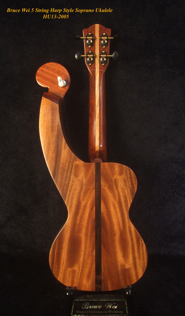 Handmade Harp Style Left-handed 5 String Soprano Ukulele, Solid Acacia, MOP Inlay, Bruce Wei HU13-2005