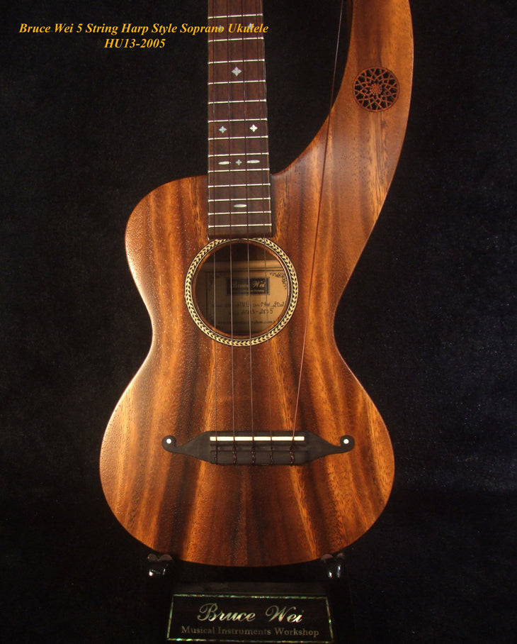 Handmade Harp Style Left-handed 5 String Soprano Ukulele, Solid Acacia, MOP Inlay, Bruce Wei HU13-2005