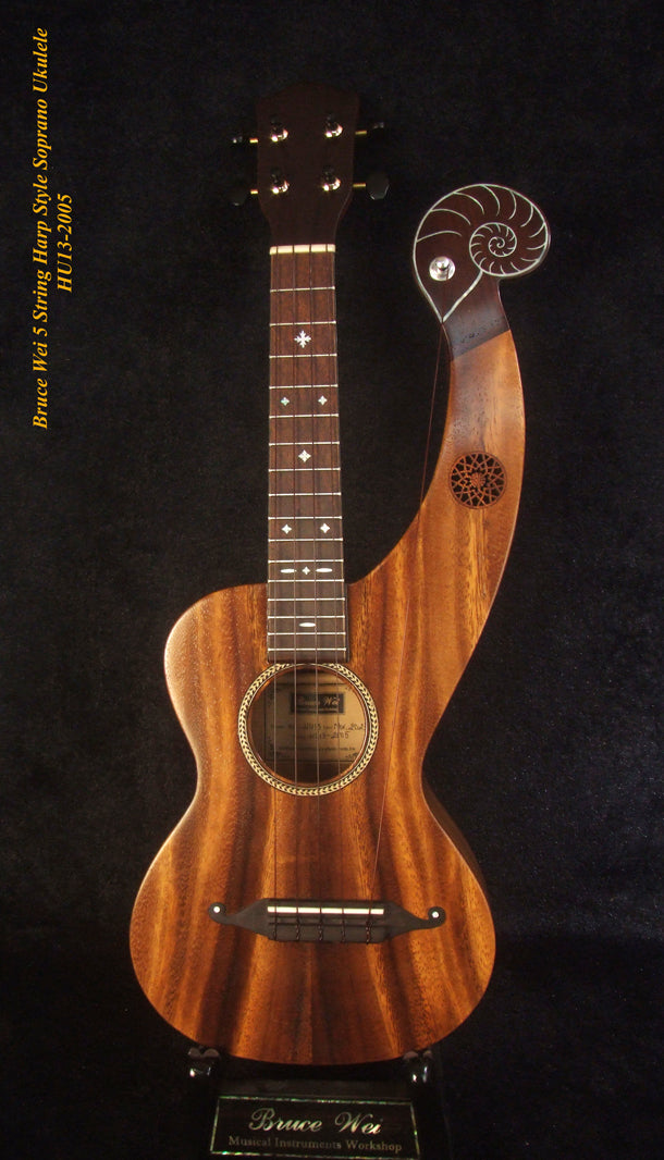 Handmade Harp Style Left-handed 5 String Soprano Ukulele, Solid Acacia, MOP Inlay, Bruce Wei HU13-2005