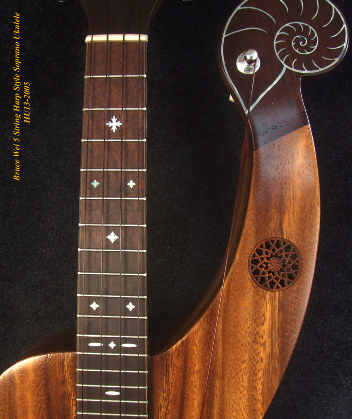 Handmade Harp Style Left-handed 5 String Soprano Ukulele, Solid Acacia, MOP Inlay, Bruce Wei HU13-2005