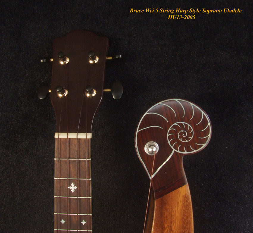 Handmade Harp Style Left-handed 5 String Soprano Ukulele, Solid Acacia, MOP Inlay, Bruce Wei HU13-2005