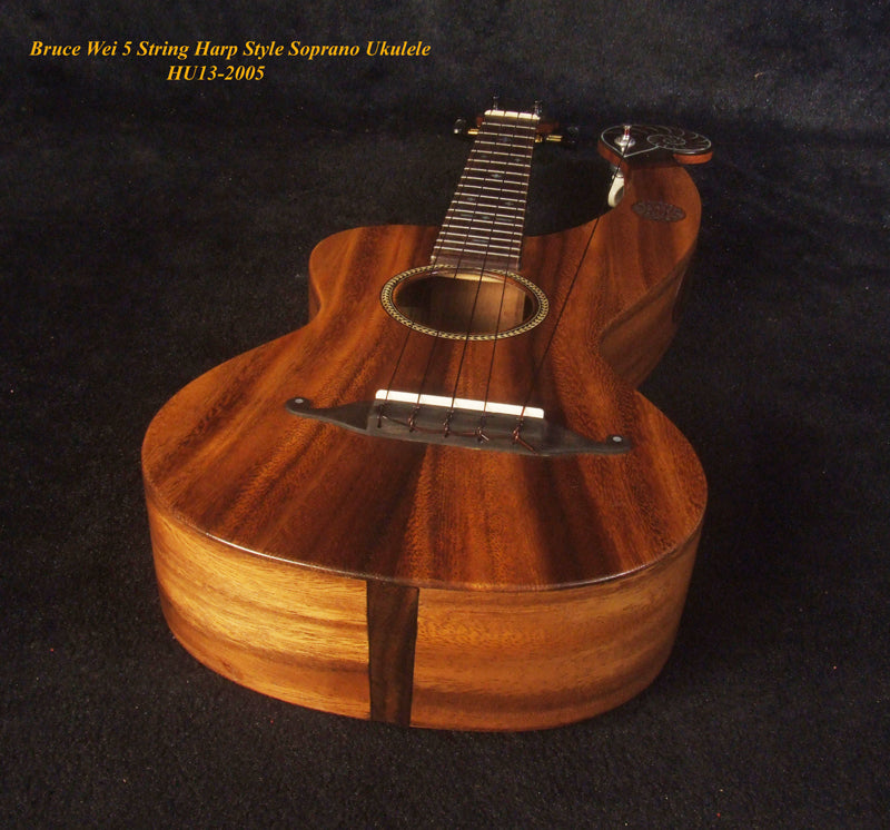 Handmade Harp Style Left-handed 5 String Soprano Ukulele, Solid Acacia, MOP Inlay, Bruce Wei HU13-2005