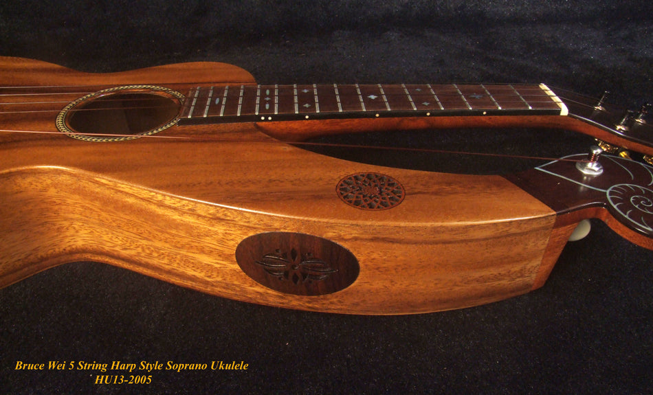 Handmade Harp Style Left-handed 5 String Soprano Ukulele, Solid Acacia, MOP Inlay, Bruce Wei HU13-2005