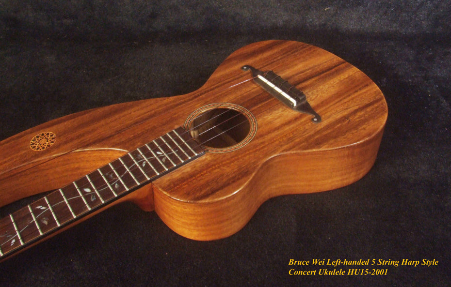 Handcrafted LEFT-HAND 5 String Harp Style Concert Ukulele, Solid Acacia, Low G, Bruce Wei HU15-2001
