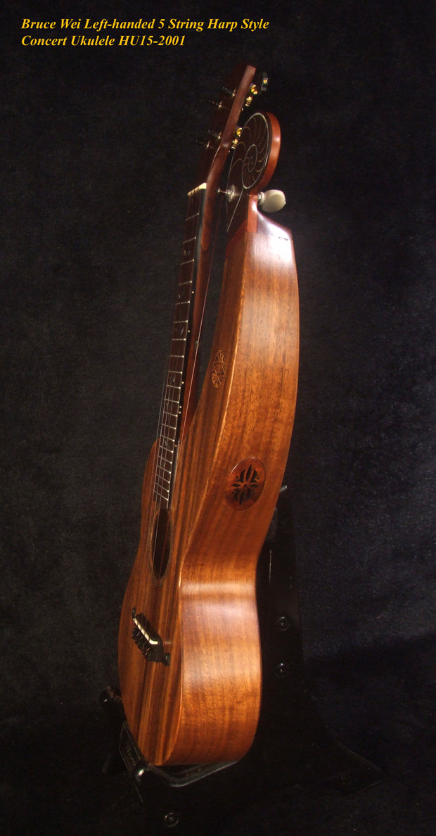 Handcrafted LEFT-HAND 5 String Harp Style Concert Ukulele, Solid Acacia, Low G, Bruce Wei HU15-2001