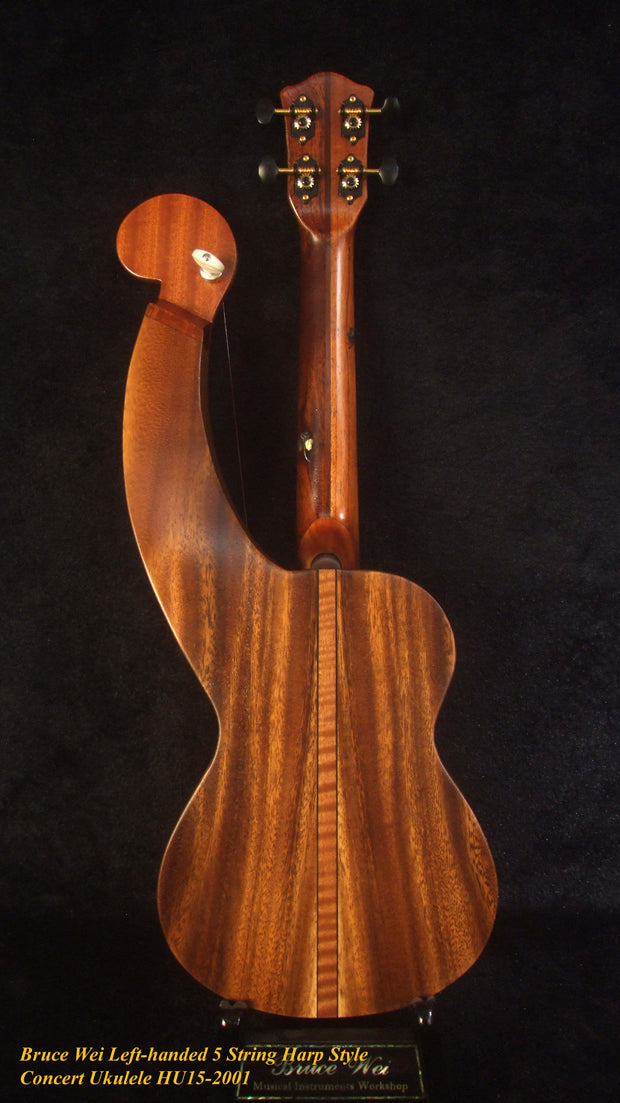 Handcrafted LEFT-HAND 5 String Harp Style Concert Ukulele, Solid Acacia, Low G, Bruce Wei HU15-2001