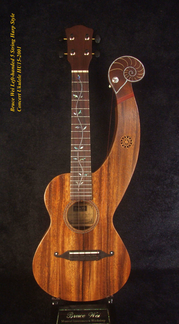 Handcrafted LEFT-HAND 5 String Harp Style Concert Ukulele, Solid Acacia, Low G, Bruce Wei HU15-2001
