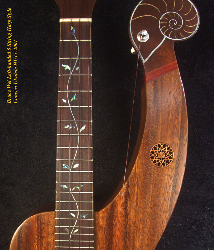 Handcrafted LEFT-HAND 5 String Harp Style Concert Ukulele, Solid Acacia, Low G, Bruce Wei HU15-2001