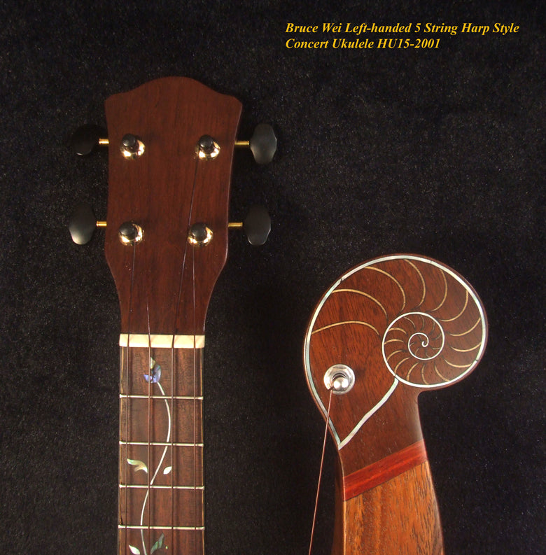 Handcrafted LEFT-HAND 5 String Harp Style Concert Ukulele, Solid Acacia, Low G, Bruce Wei HU15-2001