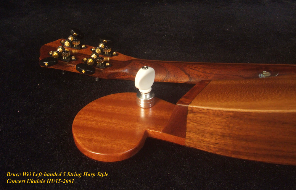 Handcrafted LEFT-HAND 5 String Harp Style Concert Ukulele, Solid Acacia, Low G, Bruce Wei HU15-2001