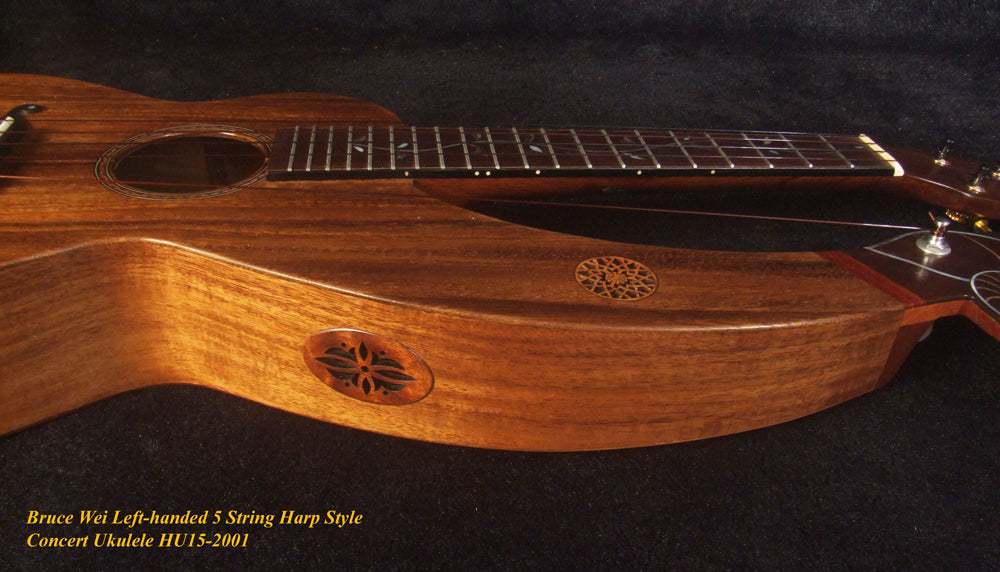 Handcrafted LEFT-HAND 5 String Harp Style Concert Ukulele, Solid Acacia, Low G, Bruce Wei HU15-2001